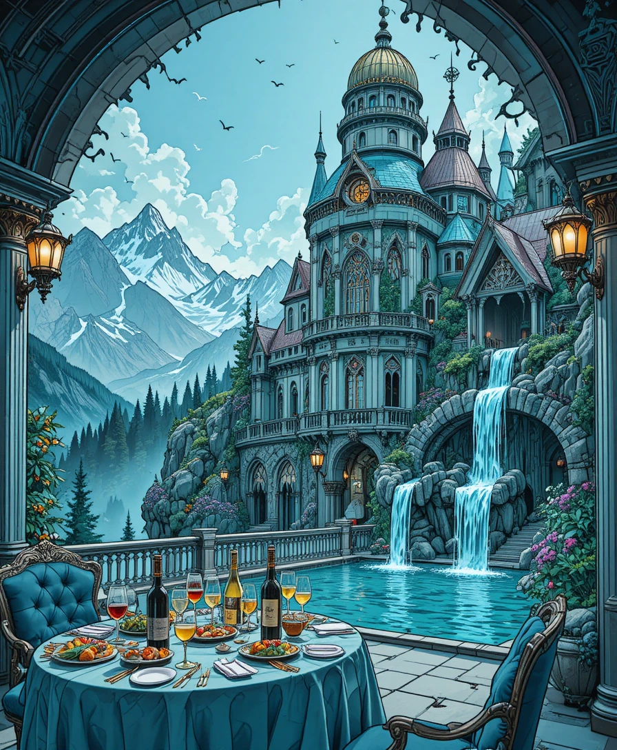 Varanda luxuosa de castelo de fantasia com vista para cachoeira na montanha
