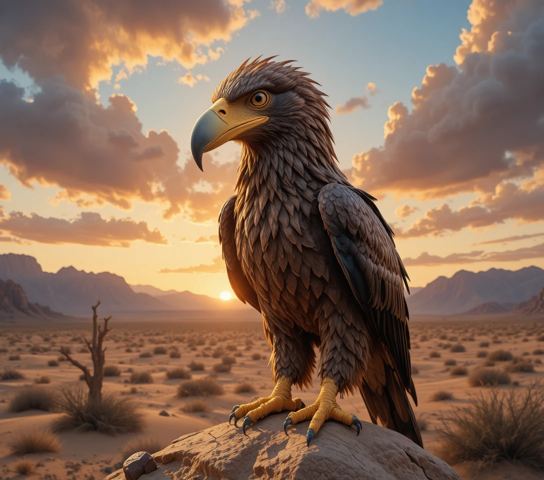 Águia-real empoleirada em crânio de animal ao pôr do sol