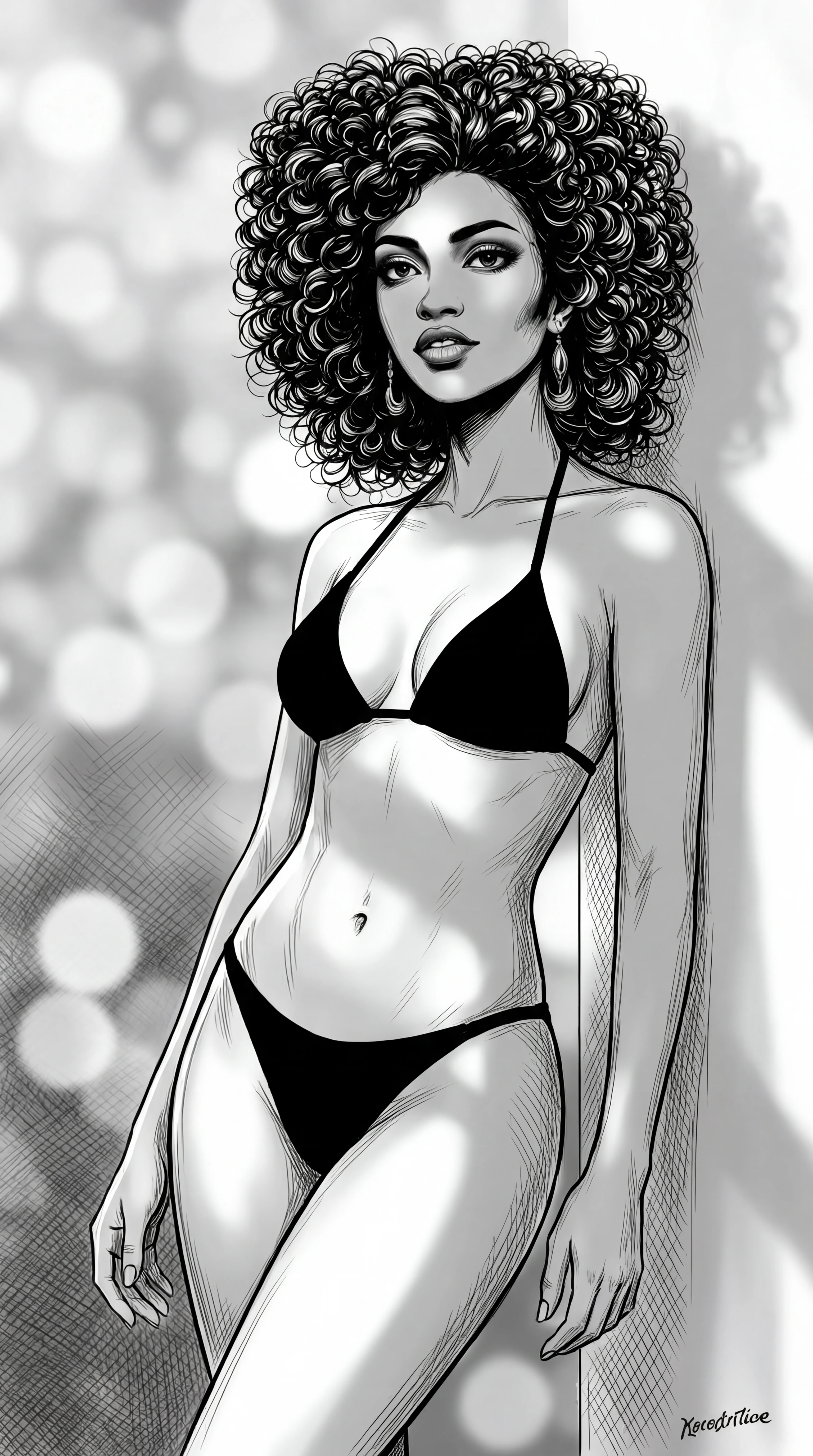 Supermodella in bikini nero che posa in interno con morbido sfondo bokeh