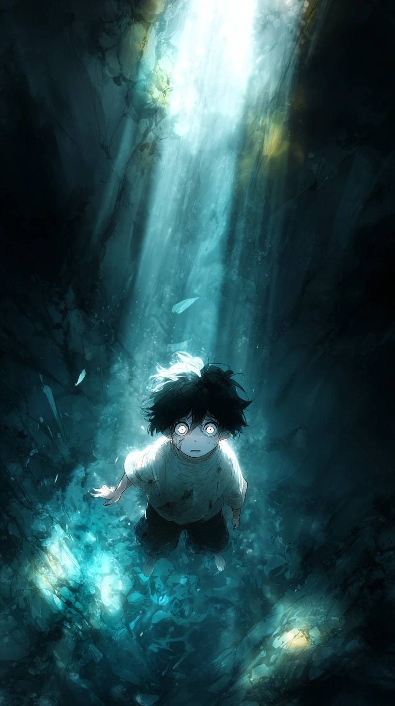 Boy floating in a dark chasm under ethereal light beams