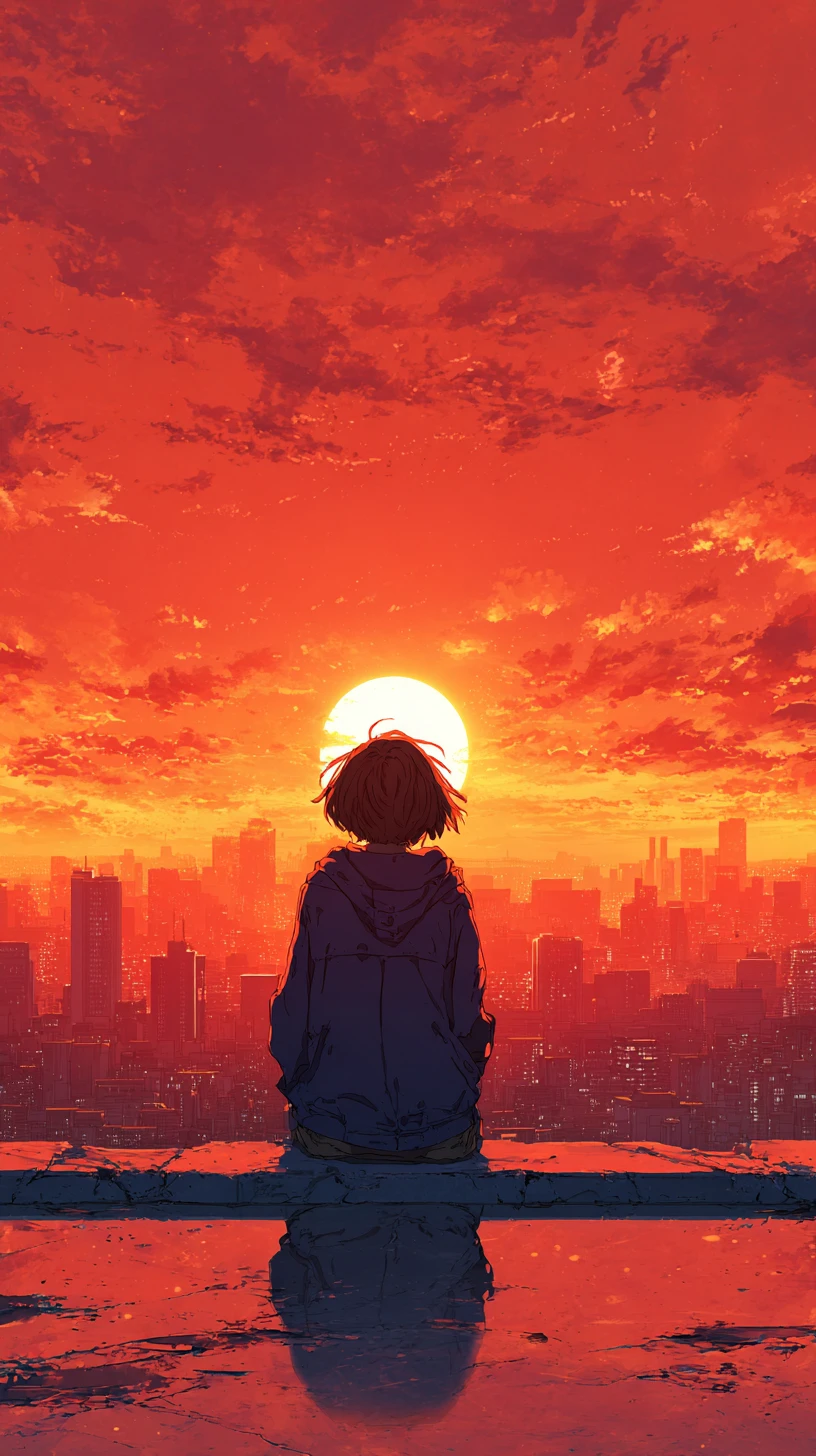 Figura anime che osserva un tramonto luminoso sullo skyline della città