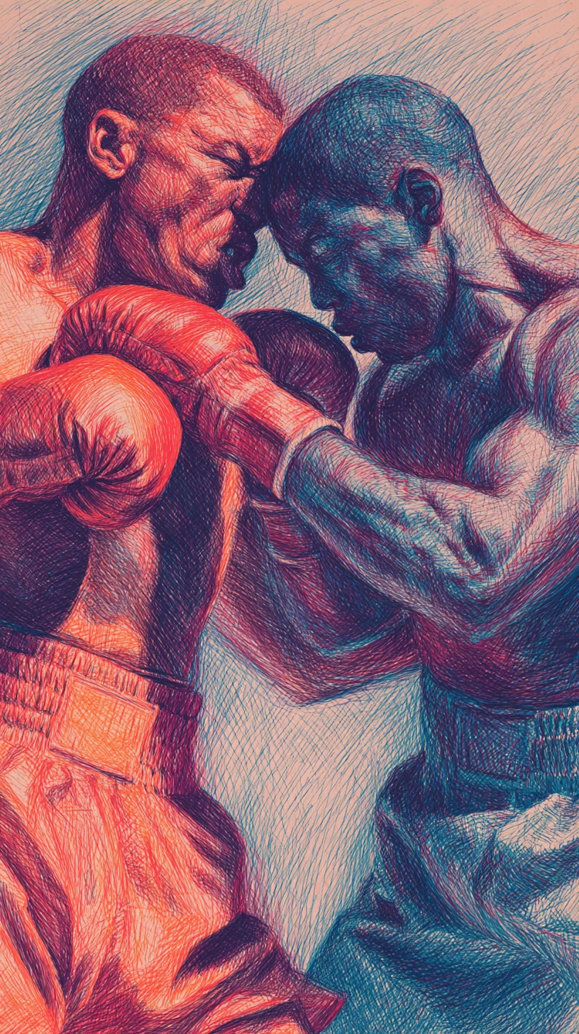 Two boxers trading a dramatic punch in colored pencil art