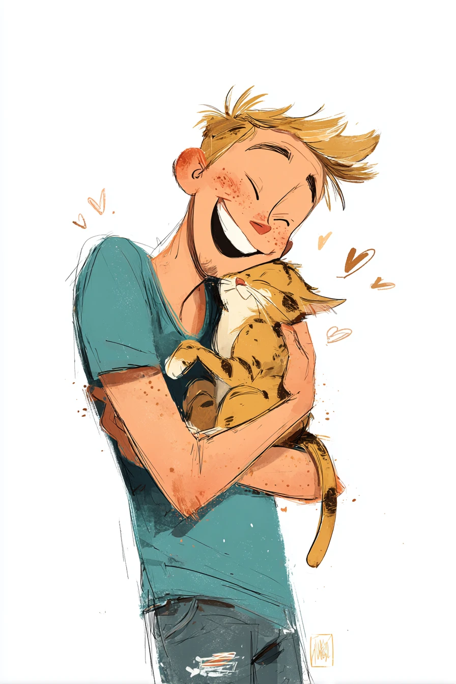 Cheerful young man hugging a tabby cat with hearts
