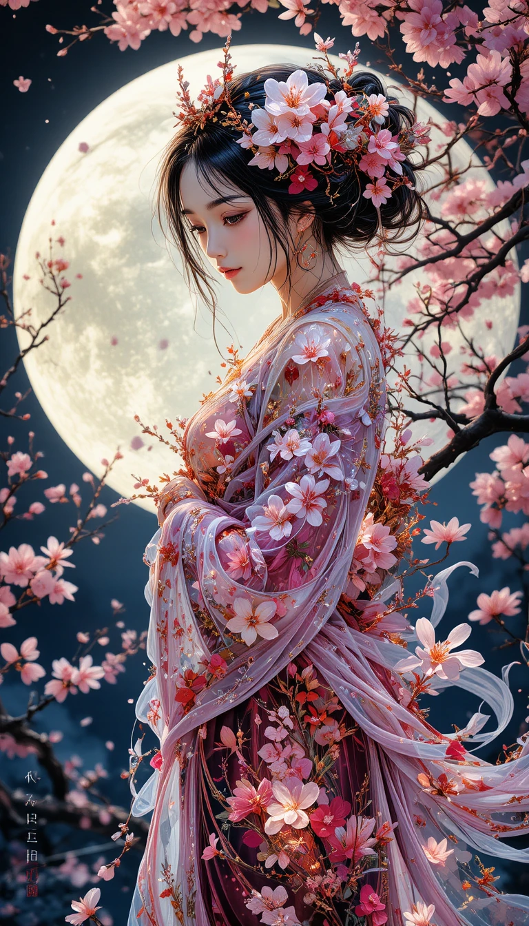 Mythic woman of cherry blossoms in moonlit fantasy scene