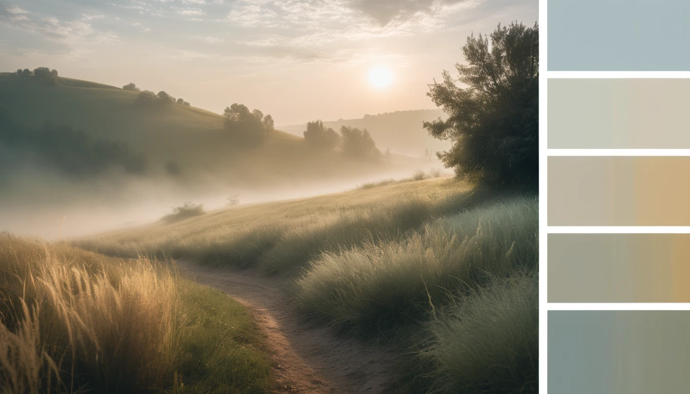 Vale enevoado ao amanhecer iluminado pelo sol com caminho sinuoso