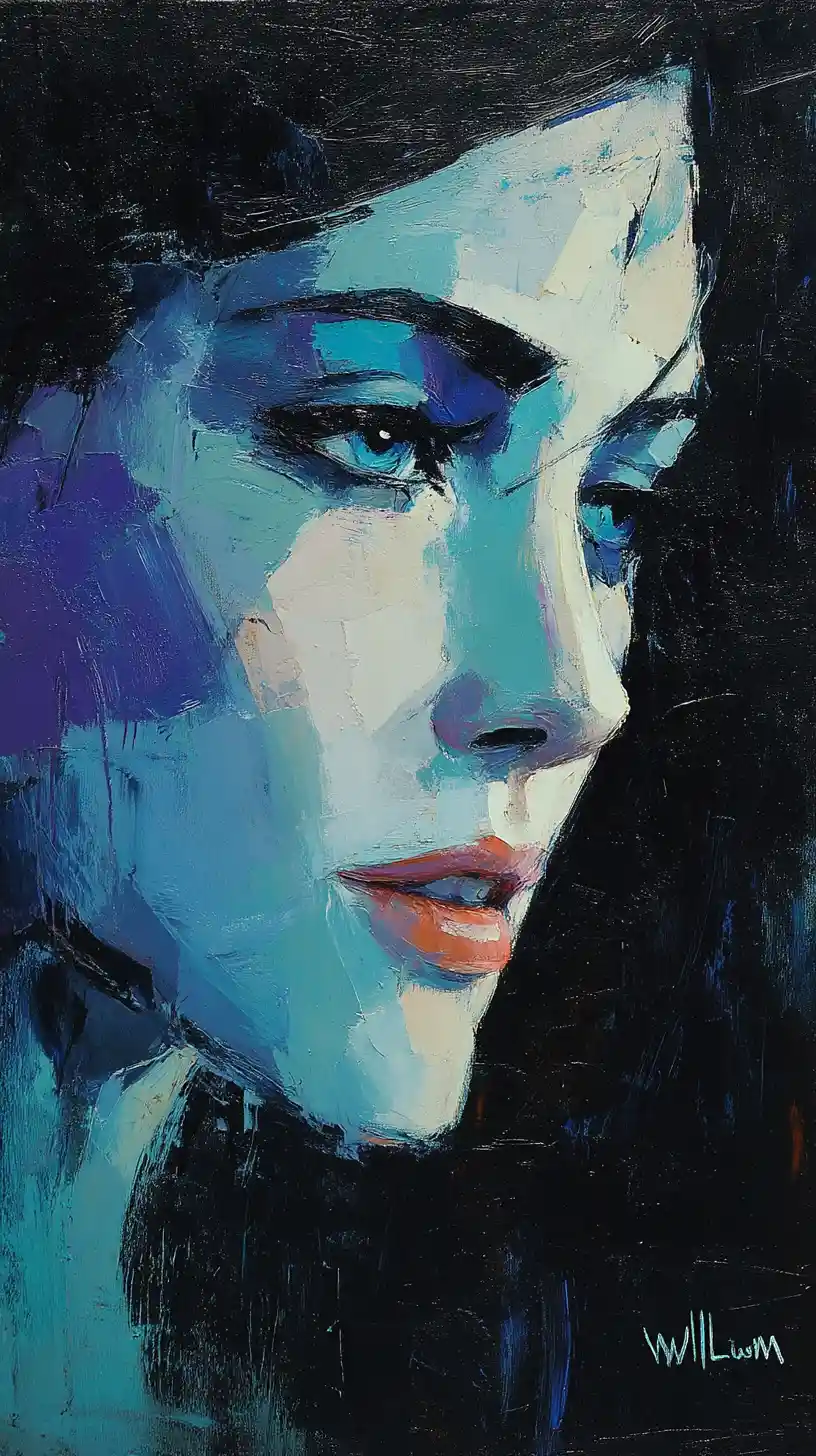 Abstract blue portrait of a fragmented woman on black canvas