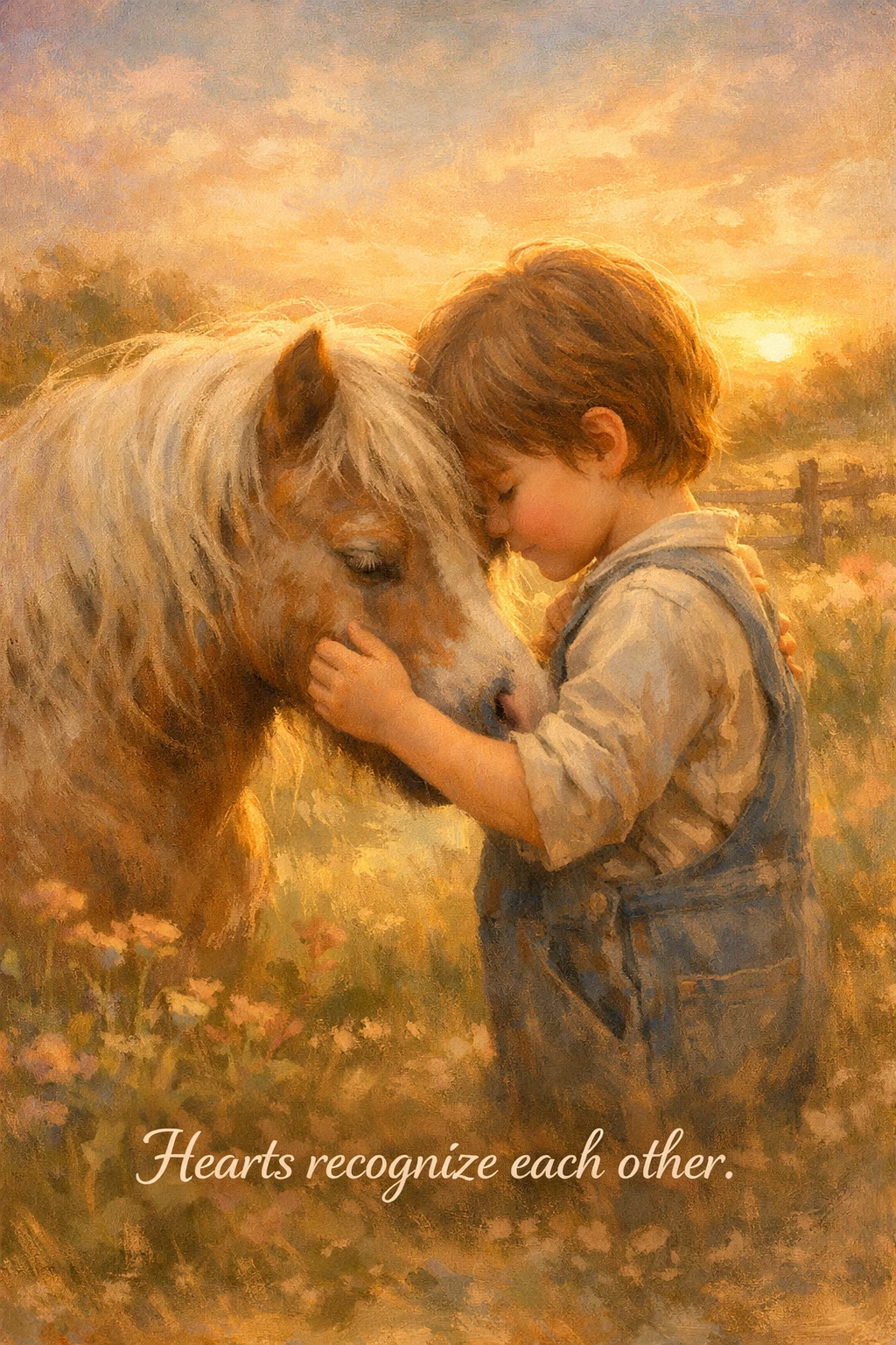 Bambino piccolo che si appoggia dolcemente a un pony al tramonto