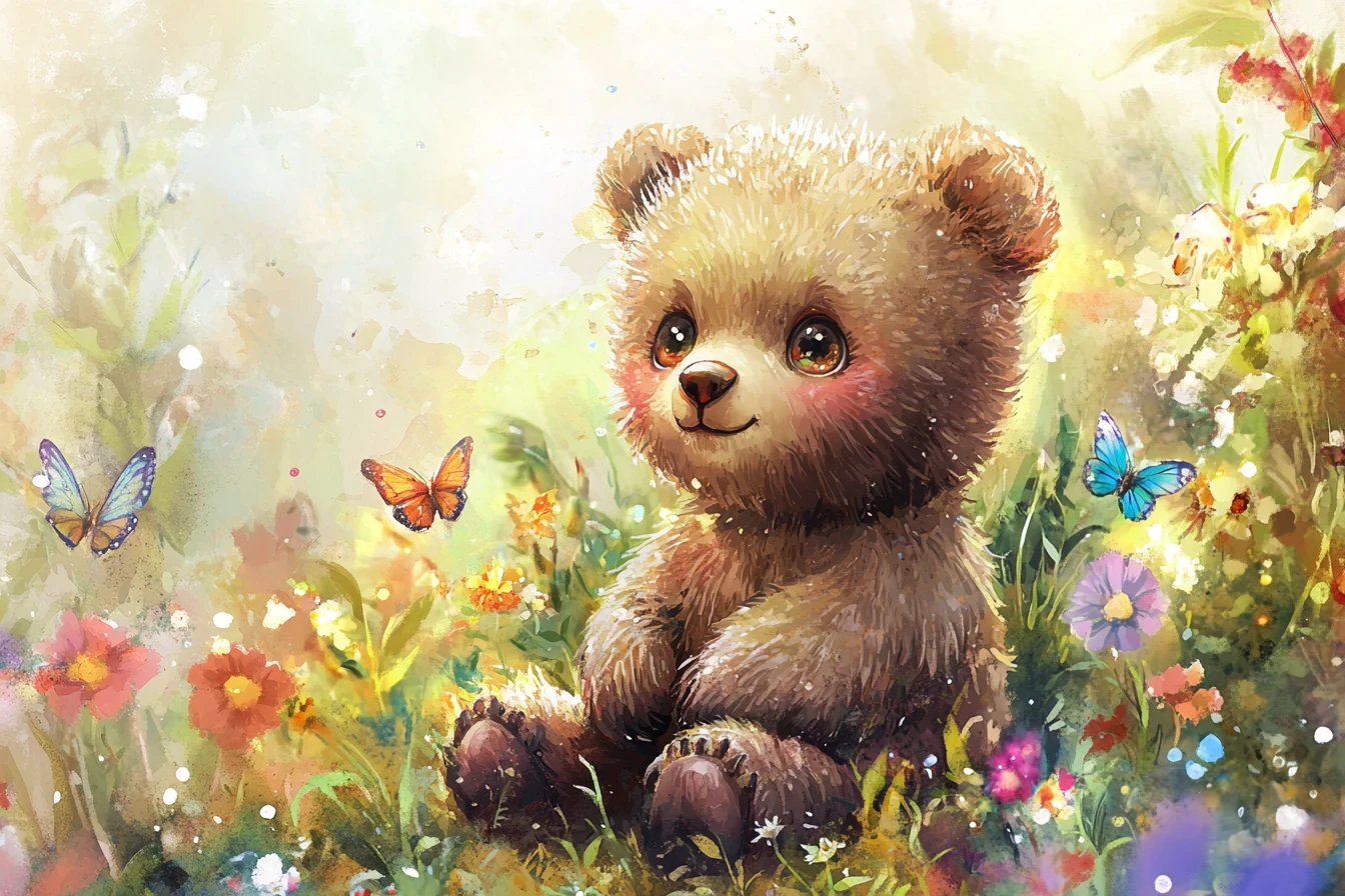 Adorável filhote de urso em um campo florido ensolarado em aquarela