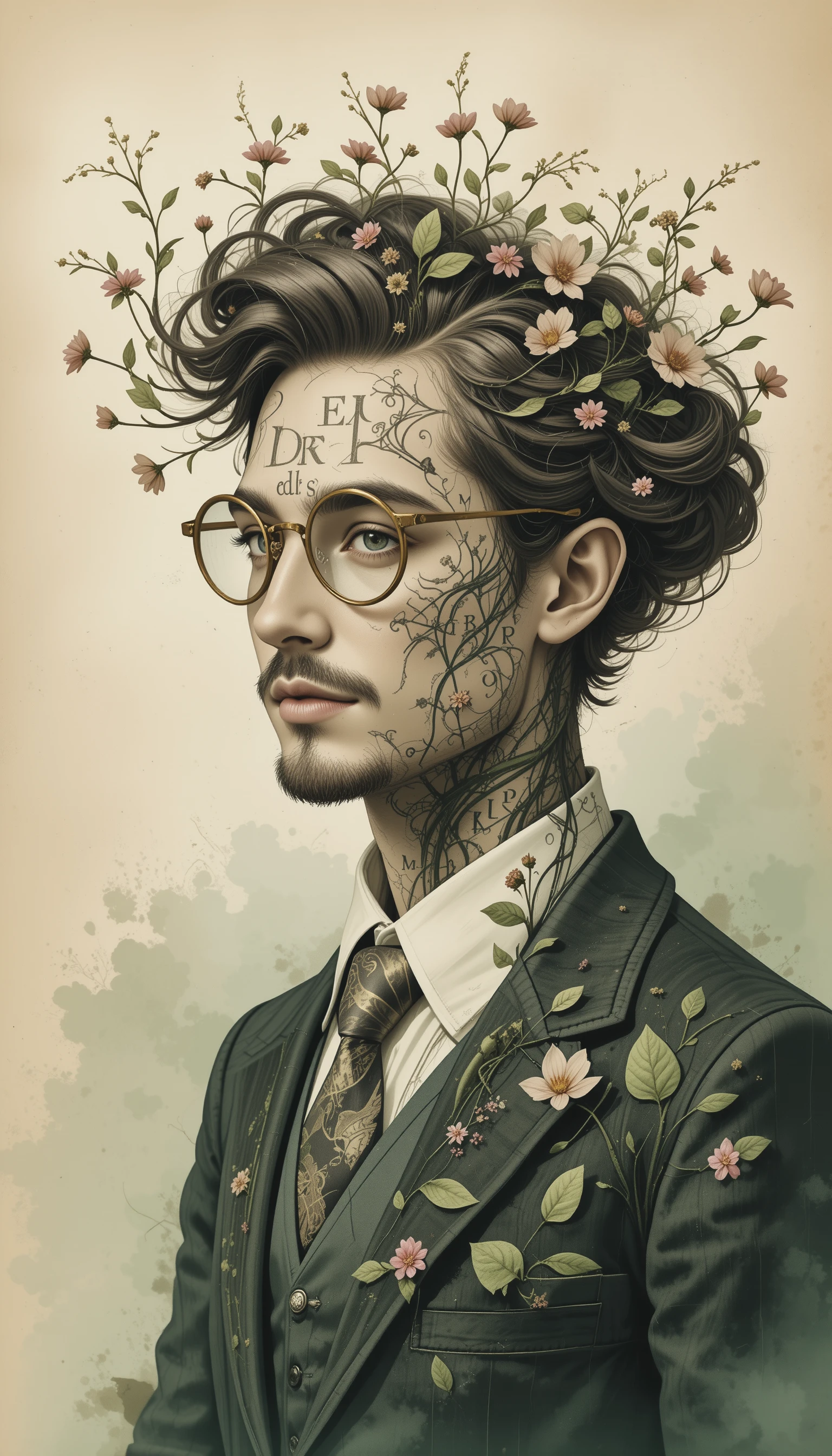 Retrato tipográfico de botânico com letras e vinhas delicadas