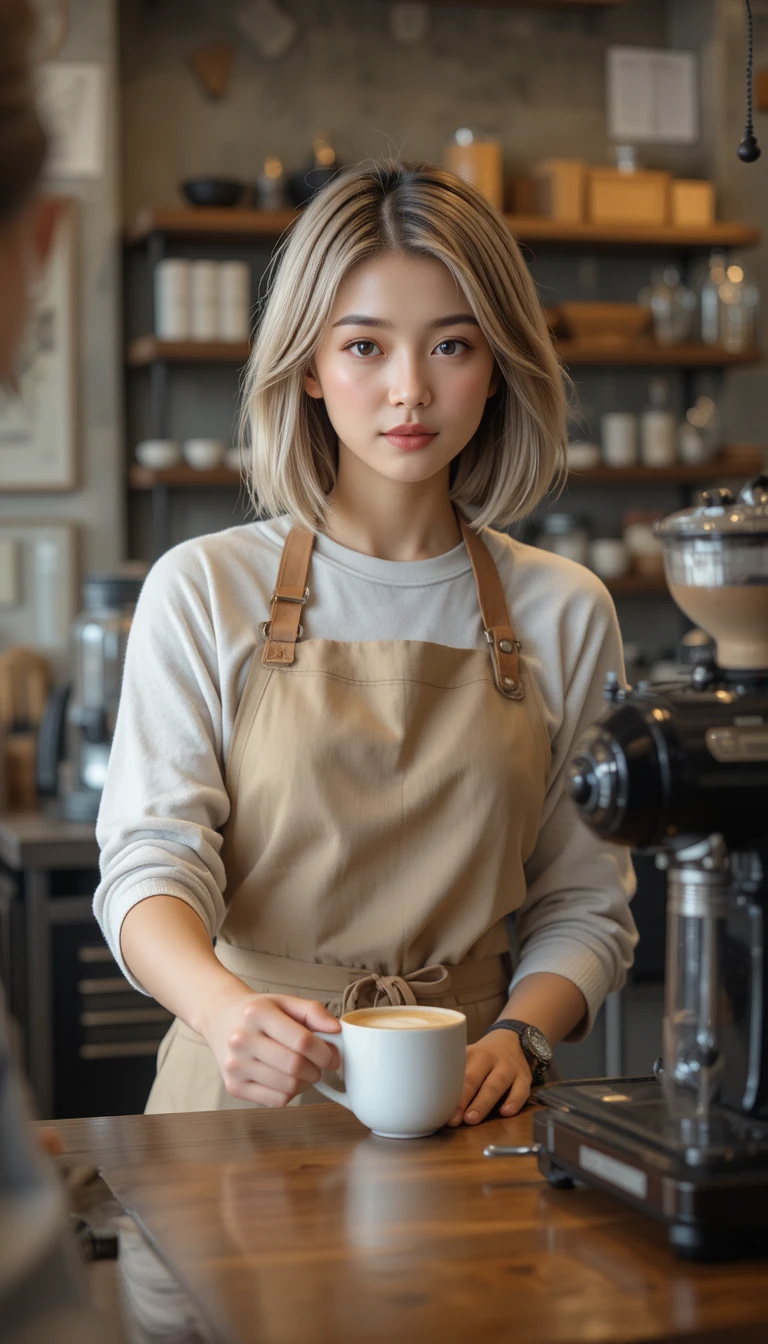 Japanese barista serving a fresh coffee across the counter