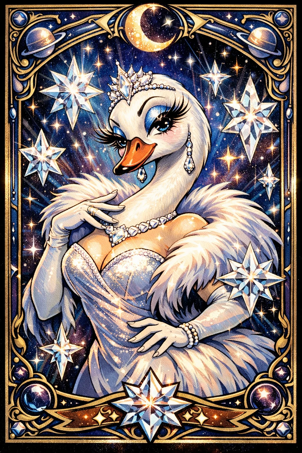 Elegante diva cisne sob o brilho cósmico de cristais estelares