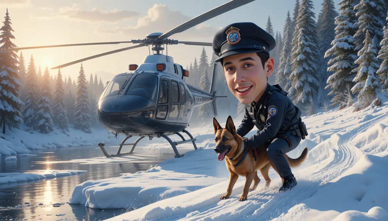 Police helicopter and dog over snowy frozen winter river