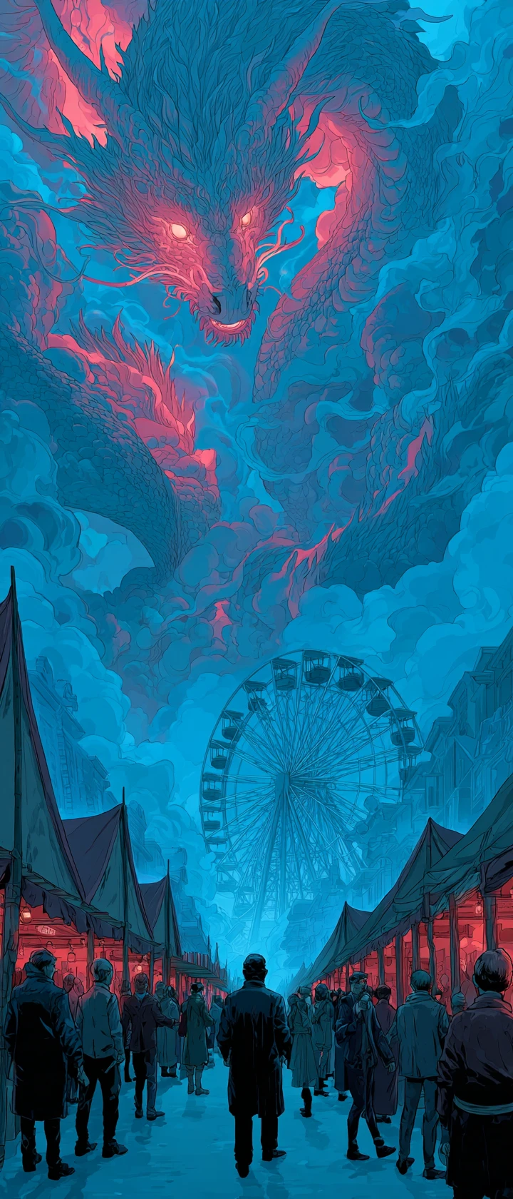 Dragão brilhante sobre um carnaval noturno em estilo gráfico flat