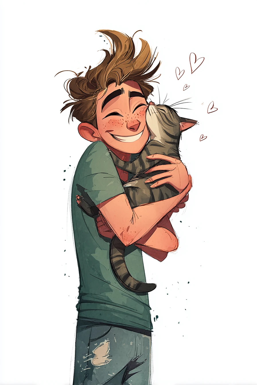 Illustrazione di giovane uomo felice che abbraccia un gatto tigrato