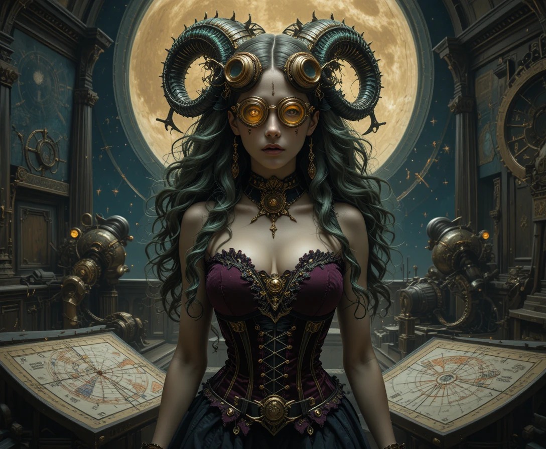Gorgonenfrau in steampunkartigem Messing auf einer mondbeschienenen Sternwarte