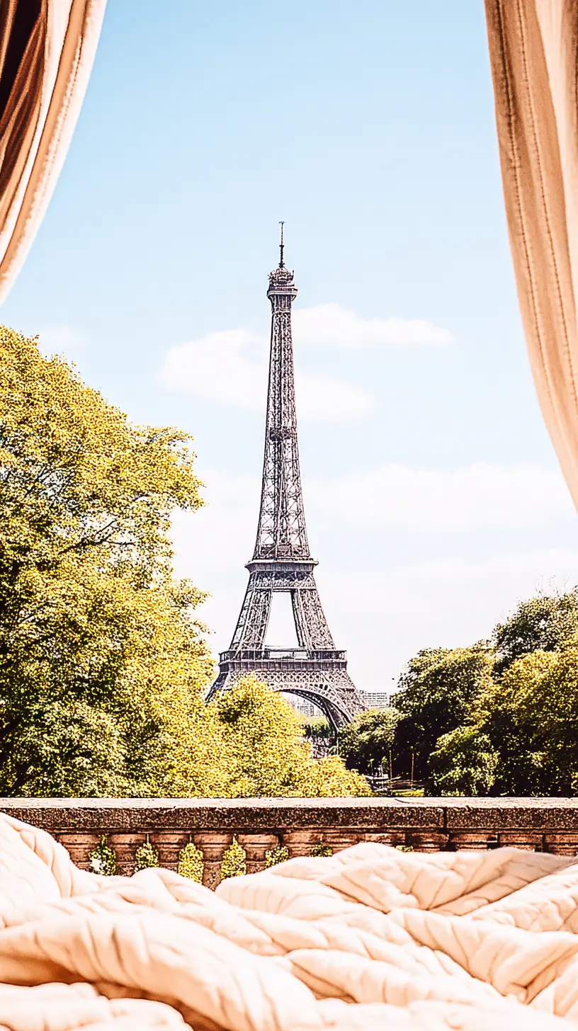 Quarto aconchegante com vista distante para a Torre Eiffel