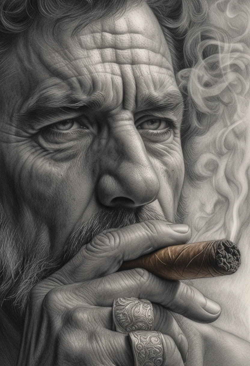 Retrato intenso en grafito en primer plano de hombre con humo de cigarro
