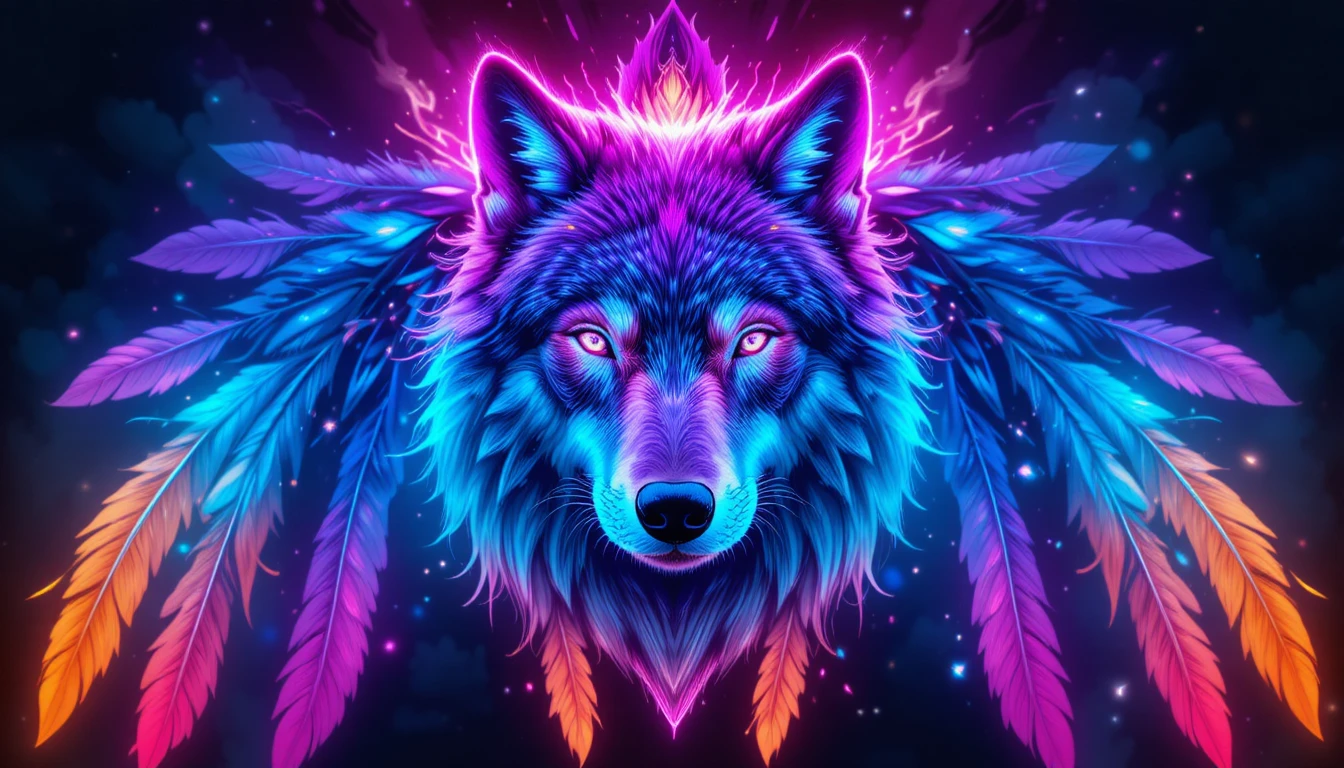 Cabeça de Lobo Cósmico Neon com Penas de Guerra Flutuantes