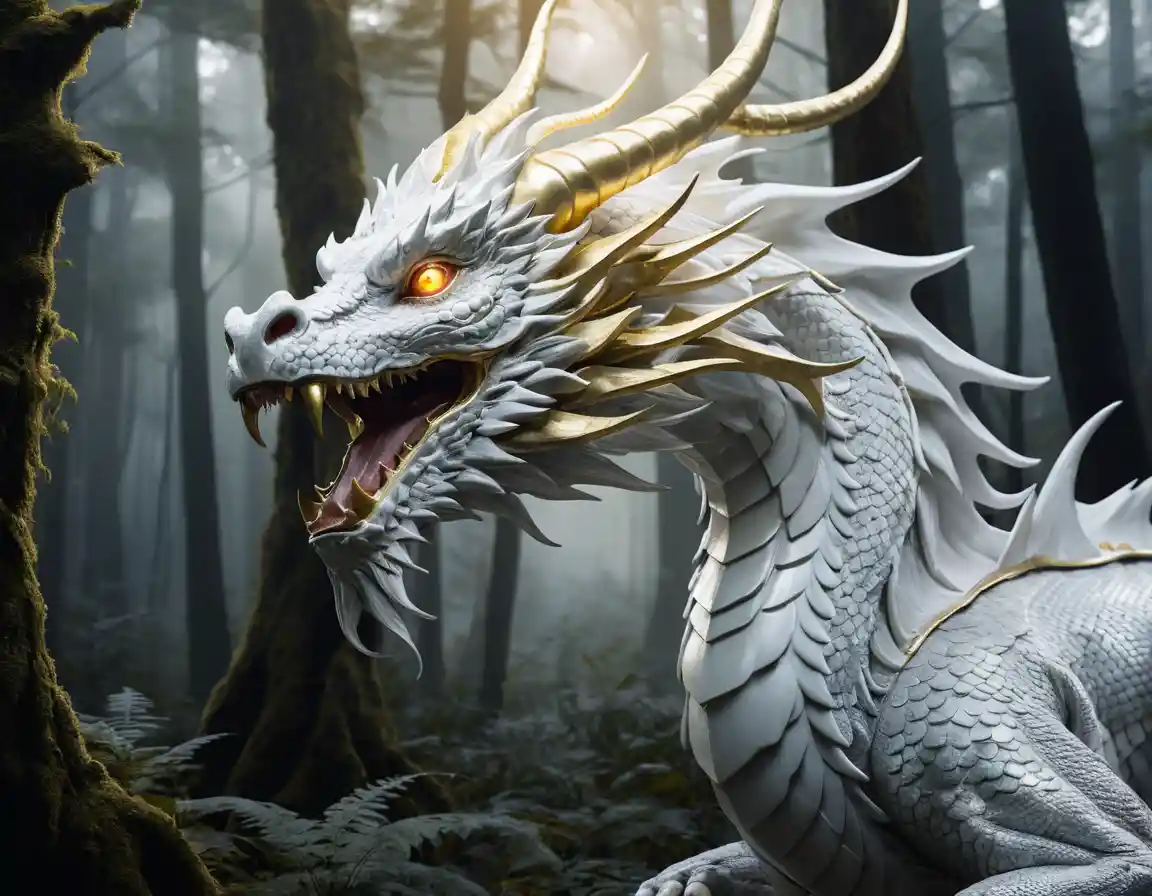 Drago d’argento con corna dorate che scivola attraverso una foresta