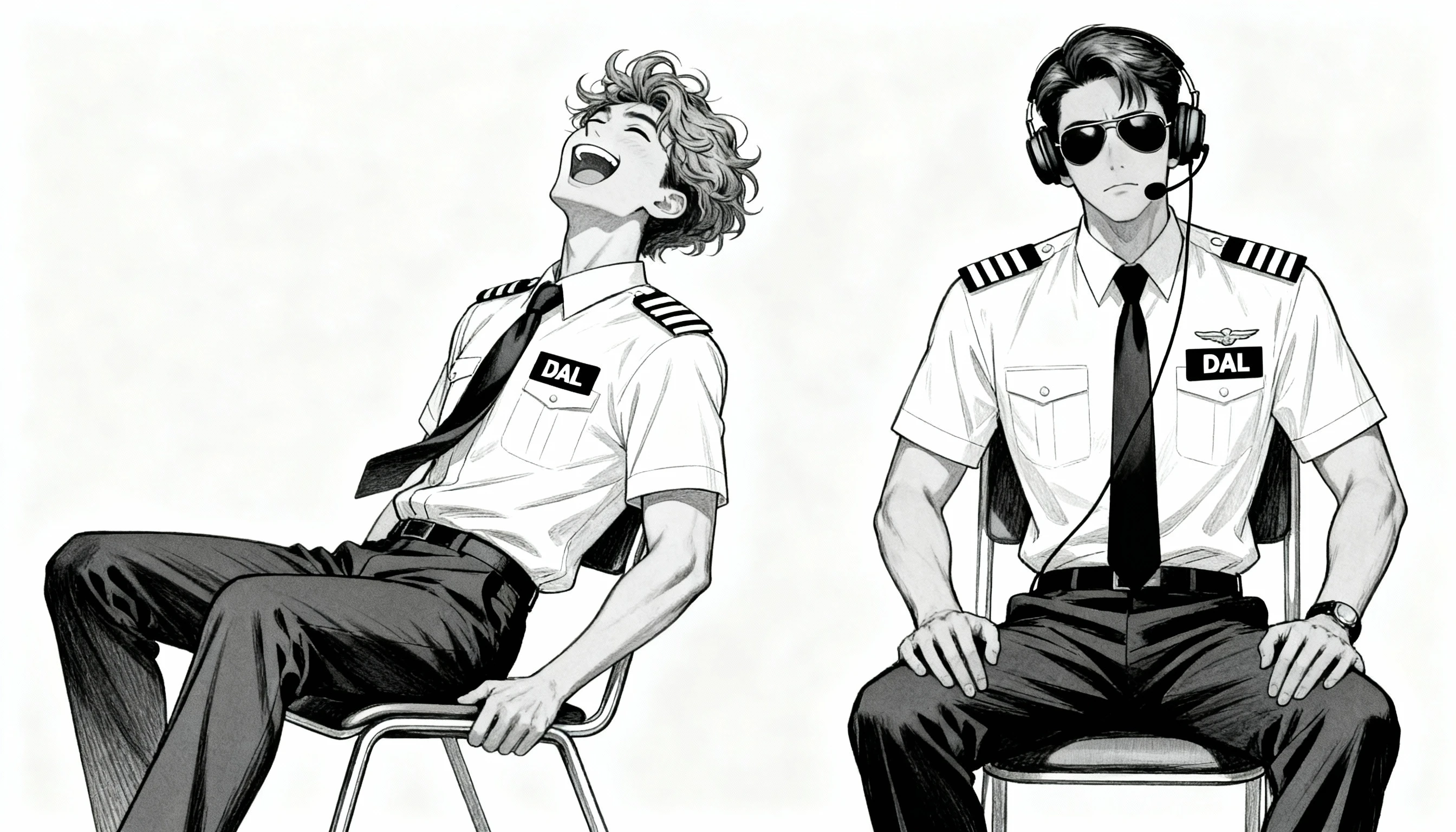 Dois pilotos em estilo mangá interagindo em arte de traço simples