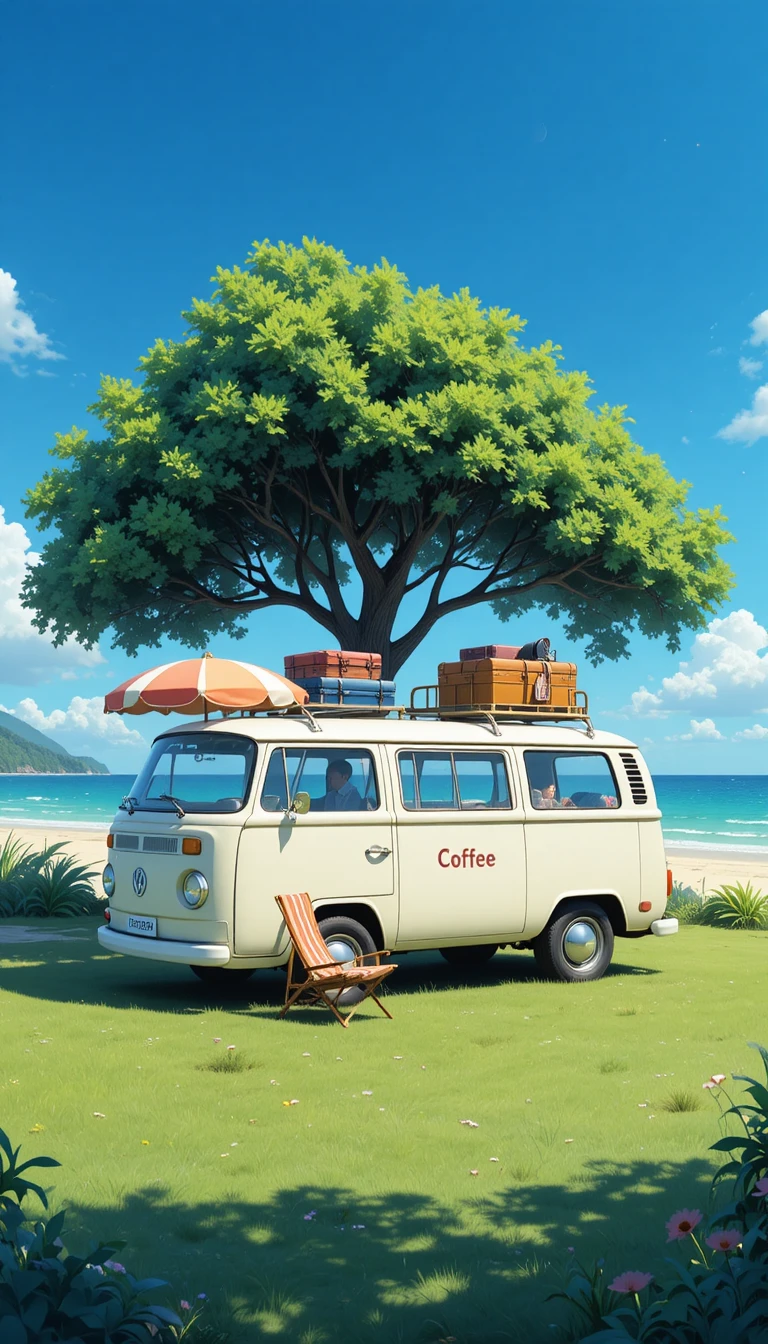 Camionnette de café style anime sur la plage au bord de l’océan, sous un arbre