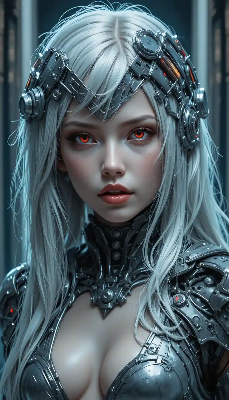 Silberhaarige Sci‑Fi-Frau mit roten Augen in metallischer Kulisse