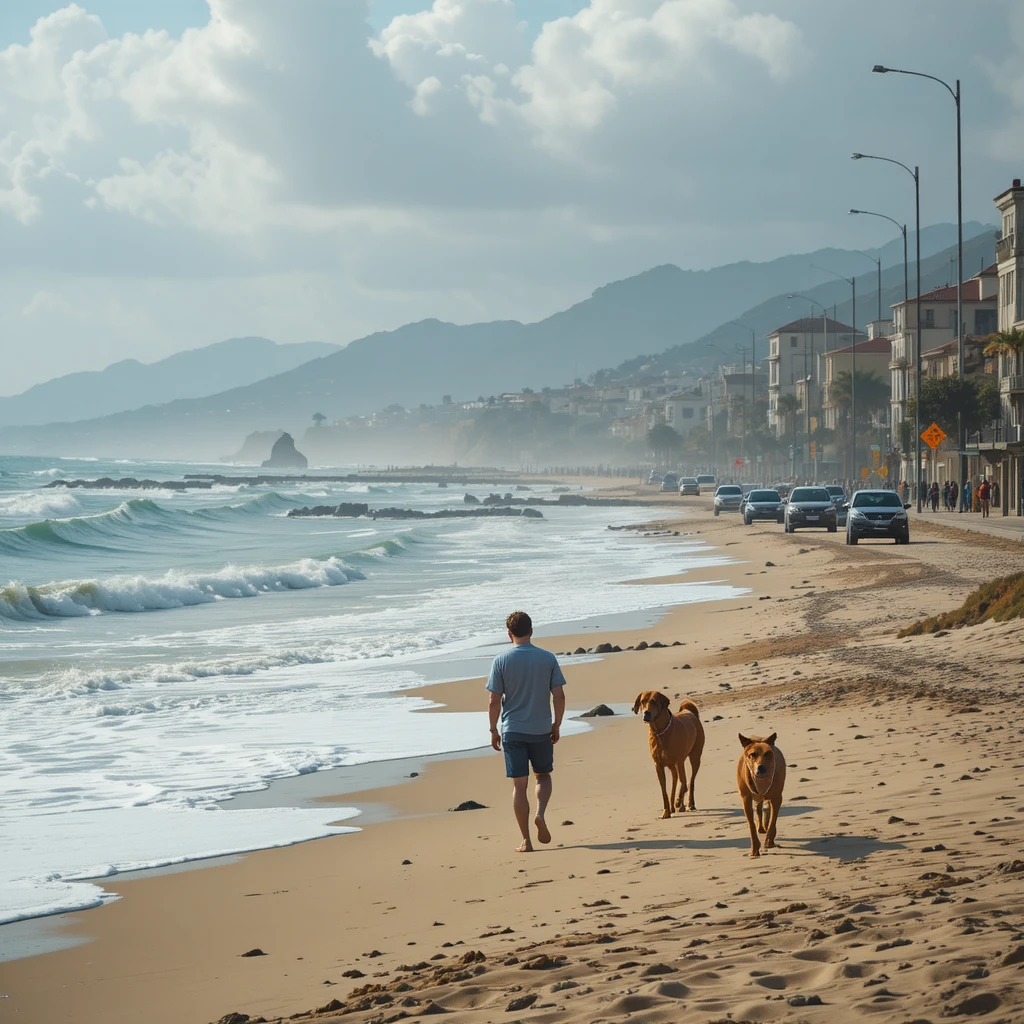 Pessoa caminhando em uma praia tranquila com um cachorro à frente