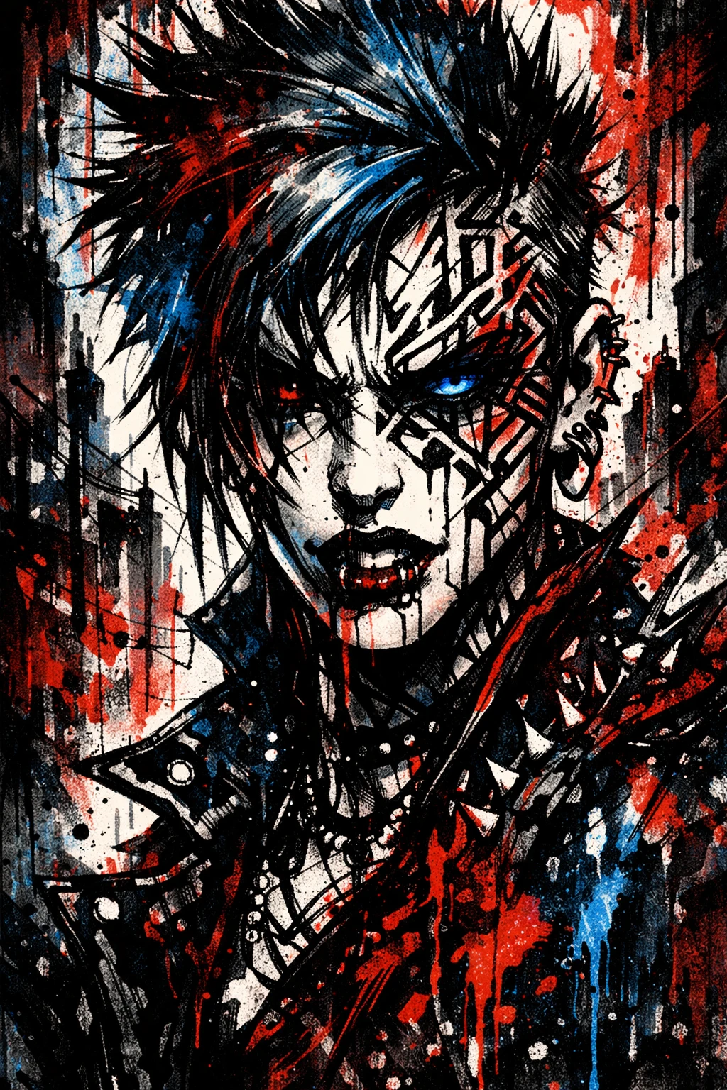 Intense Punk Ink Portrait In Gritty Urban Dreamscape