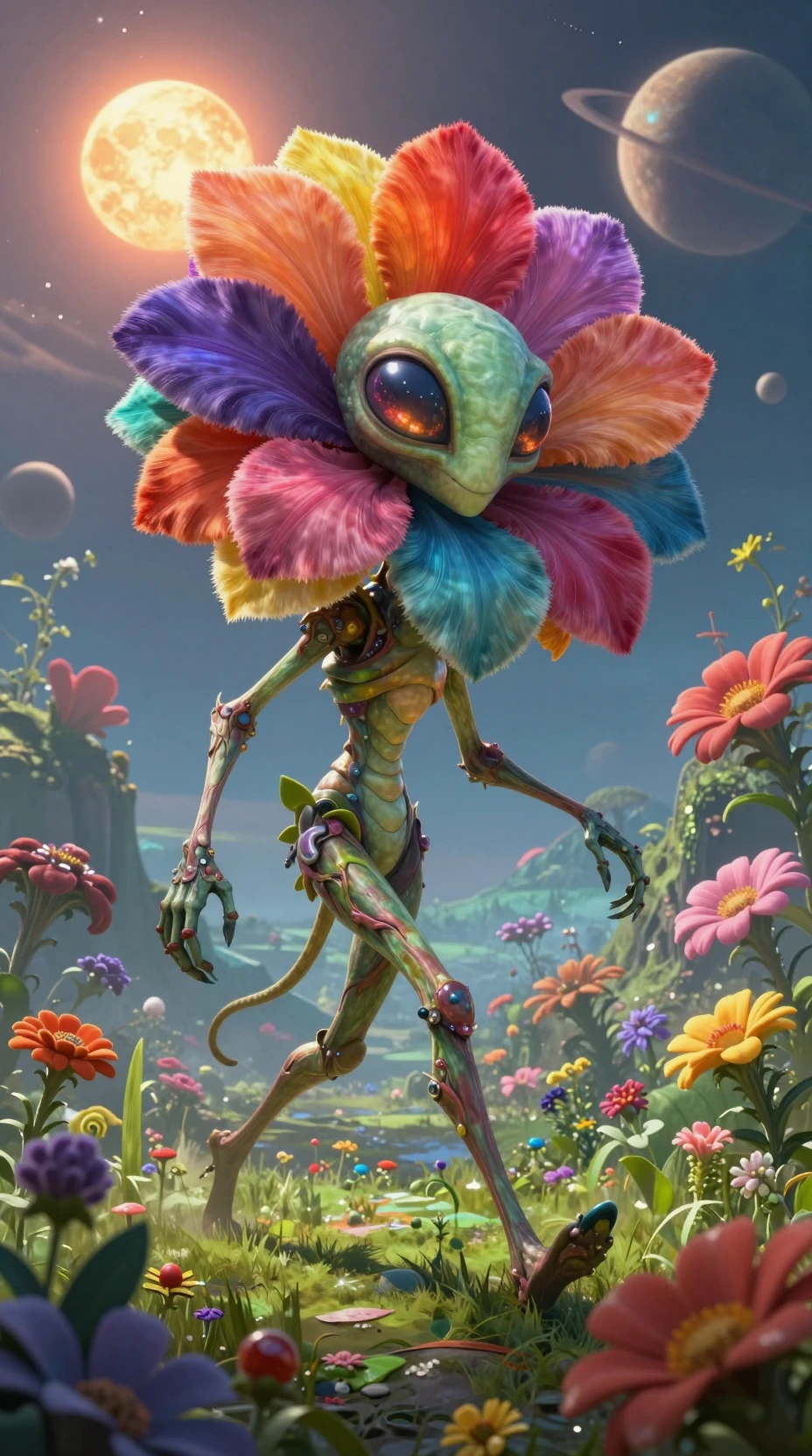 Anthropomorphic flower creature striding through alien gardens