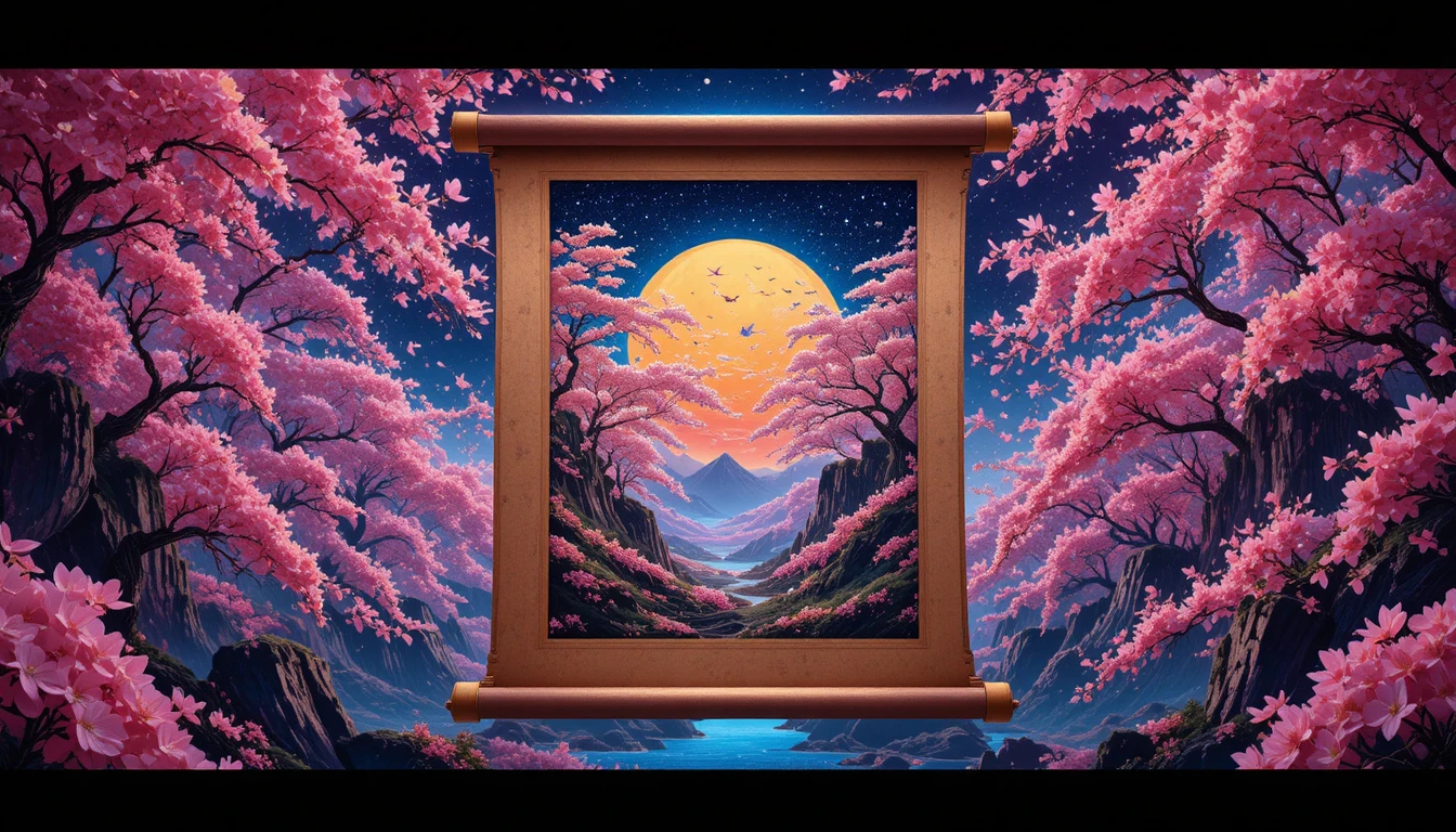 浮遊する巻物と超現実的なネオンの桜浮世絵シーン