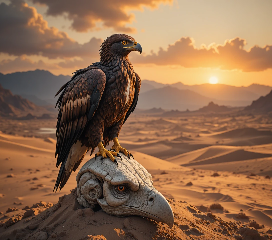 Aquila reale su teschio di animale al tramonto desertico drammatico