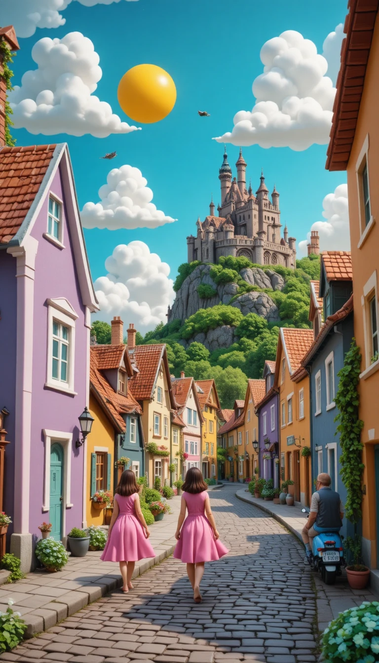 Whimsical clay village street with purple house and castle