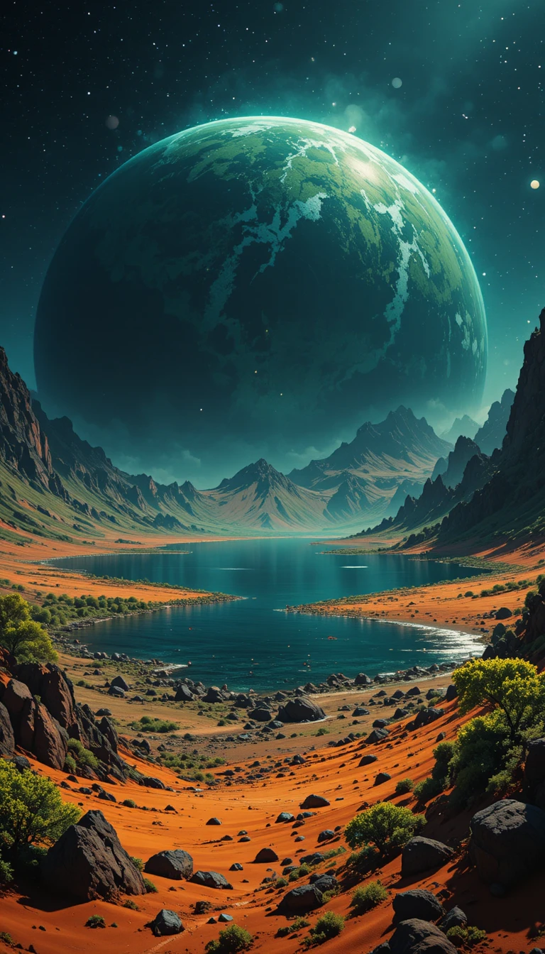 Alien planet with orange soil and vivid green lakeside landscape