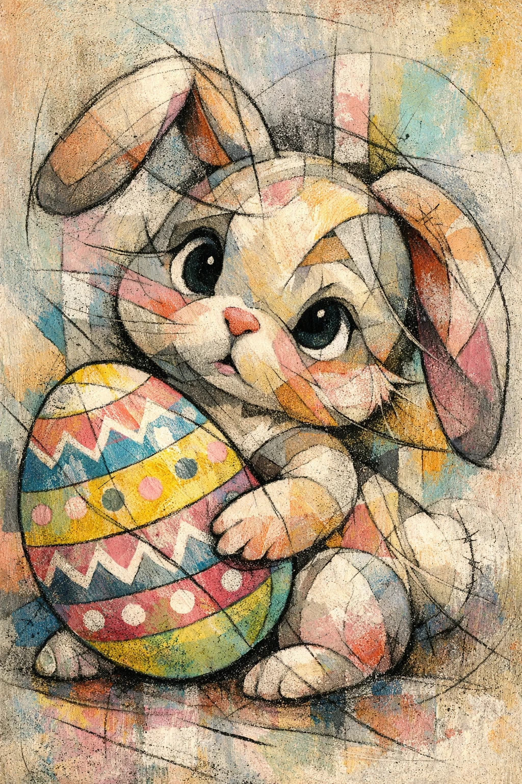 Retrato abstrato de coelhinho com ovo de Páscoa decorado gigante