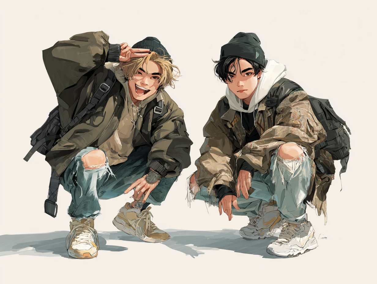 Two crouching men in a bold retro urban manga style