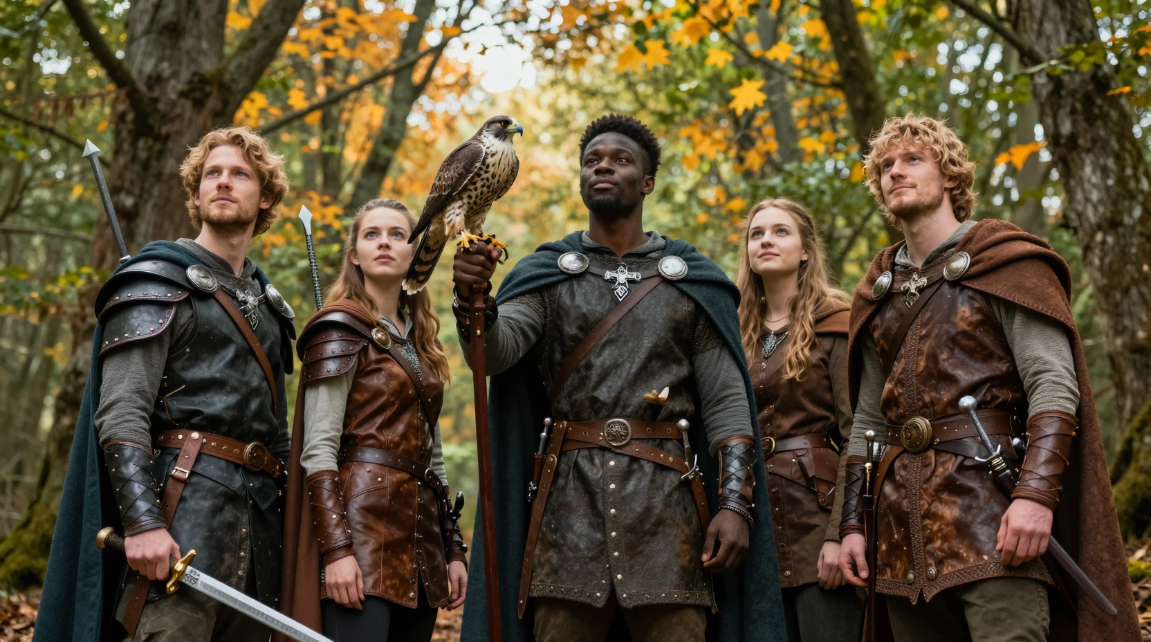 Aventuriers fantastiques en armure de cuir dans une forêt baignée de soleil