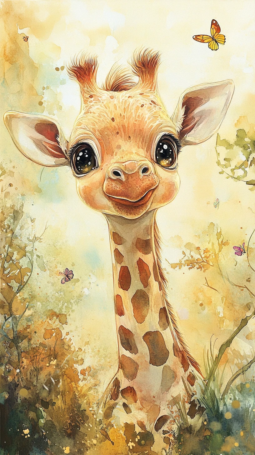 Arte Infantil de Girafa Bebê Fofa em Aquarela na Savana