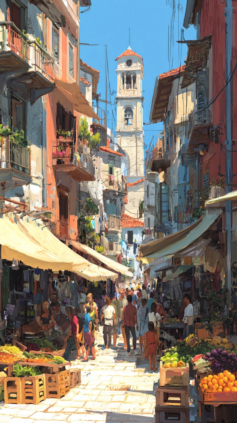 Busy Mediterranean street market with warm city architecture