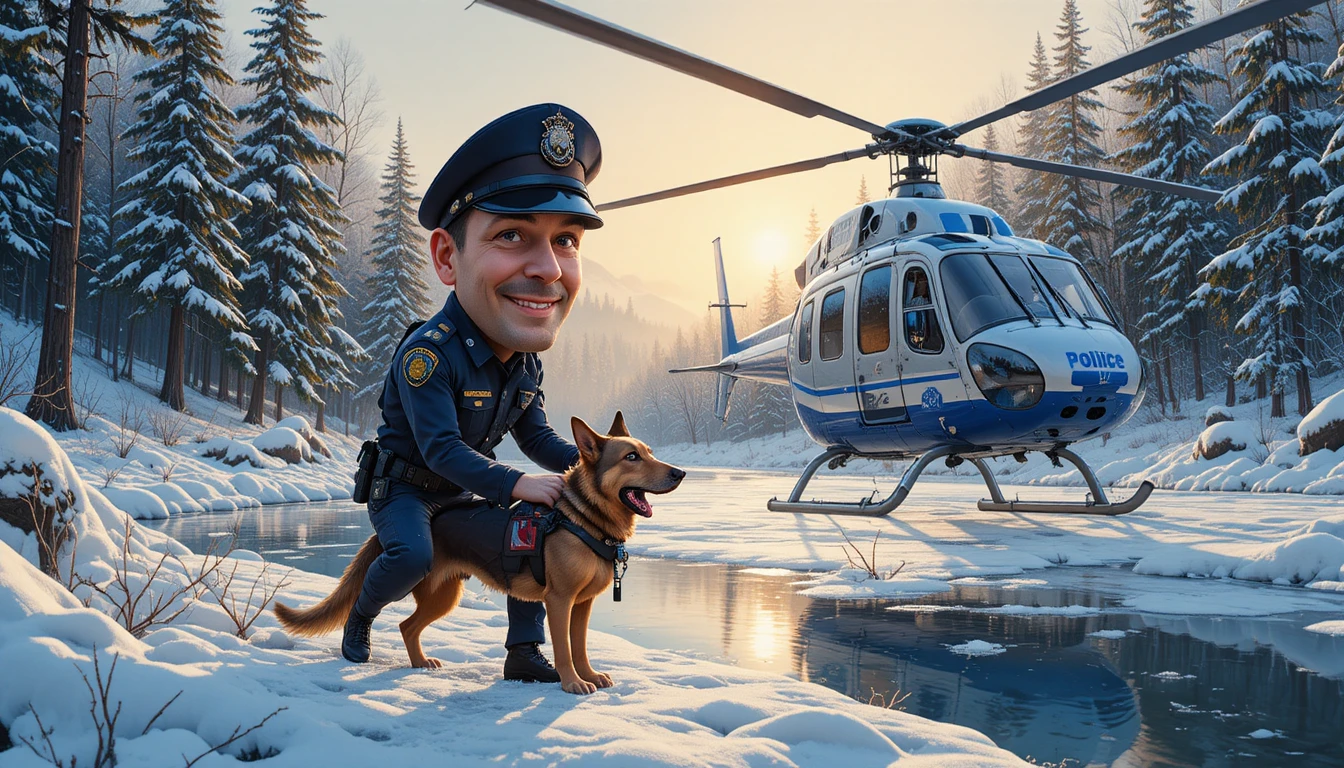 Hélicoptère de police et chien au-dessus d’une rivière gelée en hiver