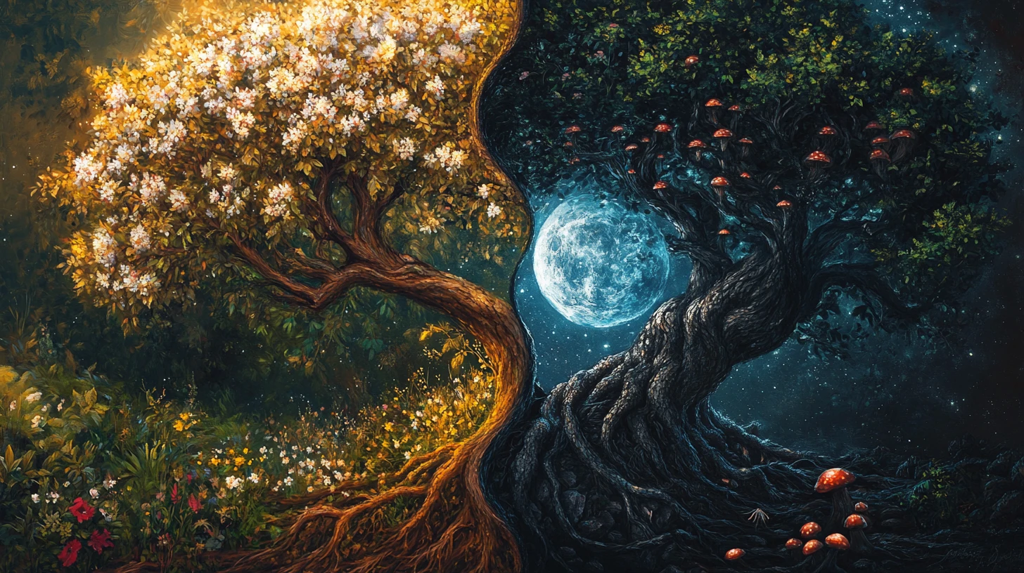 Árvores yin yang de vida e decomposição em brilho equilibrado