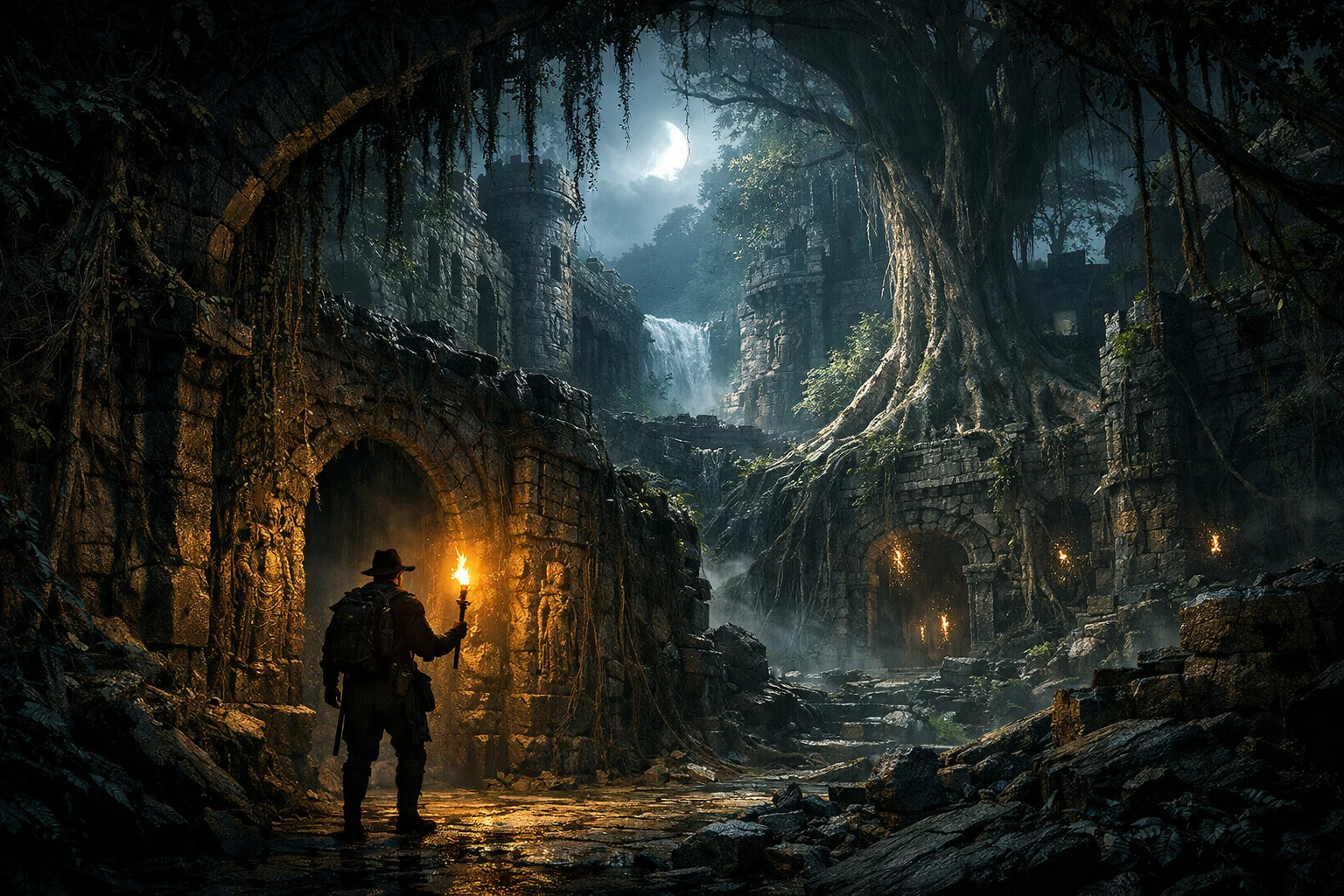 Aventureiro entrando em castelo tomado pela selva à noite