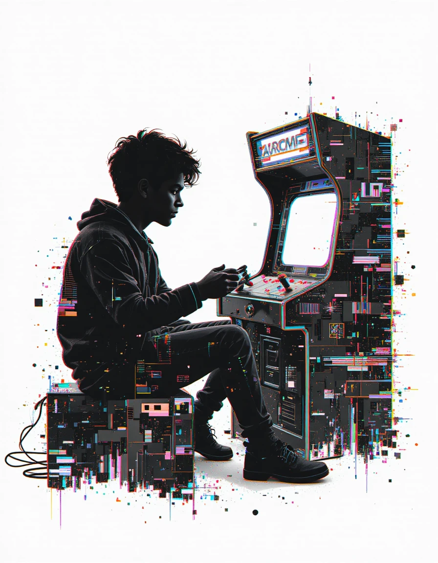 Teenager silhouette playing retro arcade game in glitch art