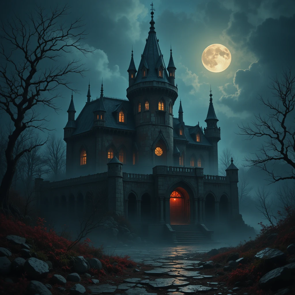 Château gothique au clair de lune enveloppé de profondes ombres mystérieuses