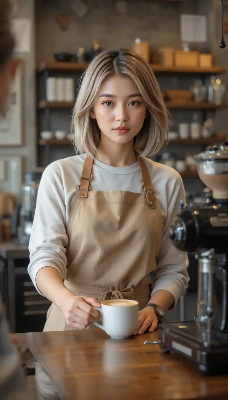 Japanese barista serving a fresh coffee across the counter