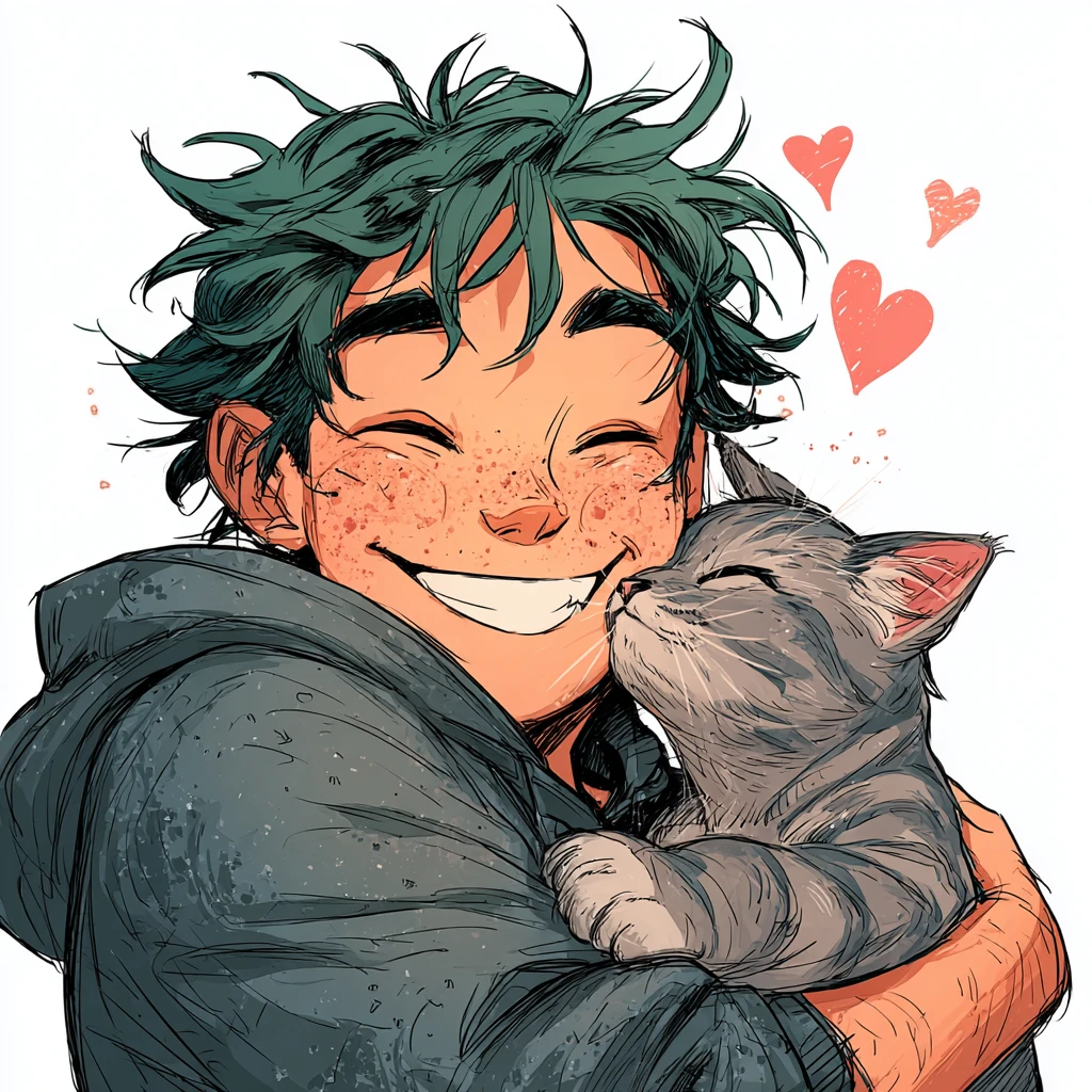 Menino sorridente abraçando um gato malhado com corações flutuando
