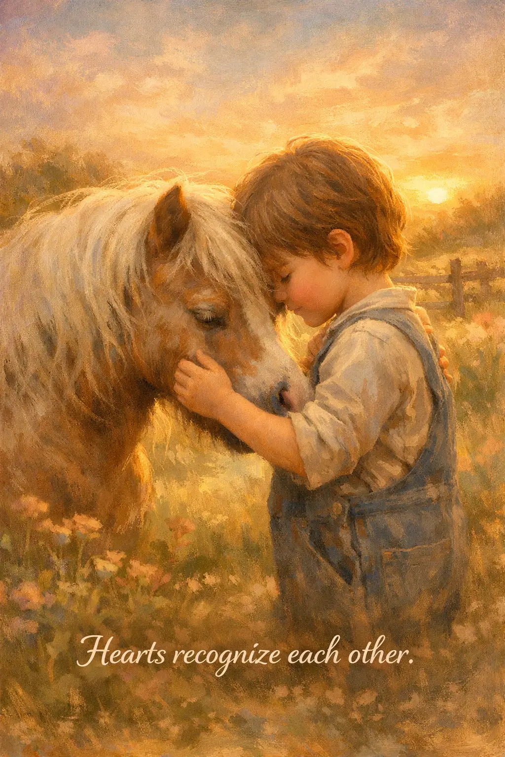 Bambino piccolo che si appoggia dolcemente a un pony al tramonto