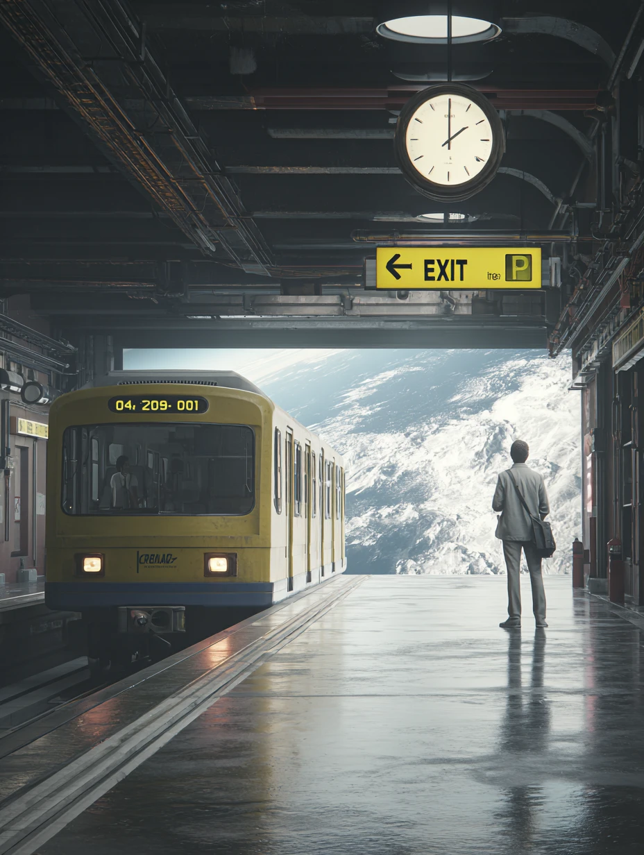Surrealer Bahnhof mit Mann vor einfahrendem gelben Zug