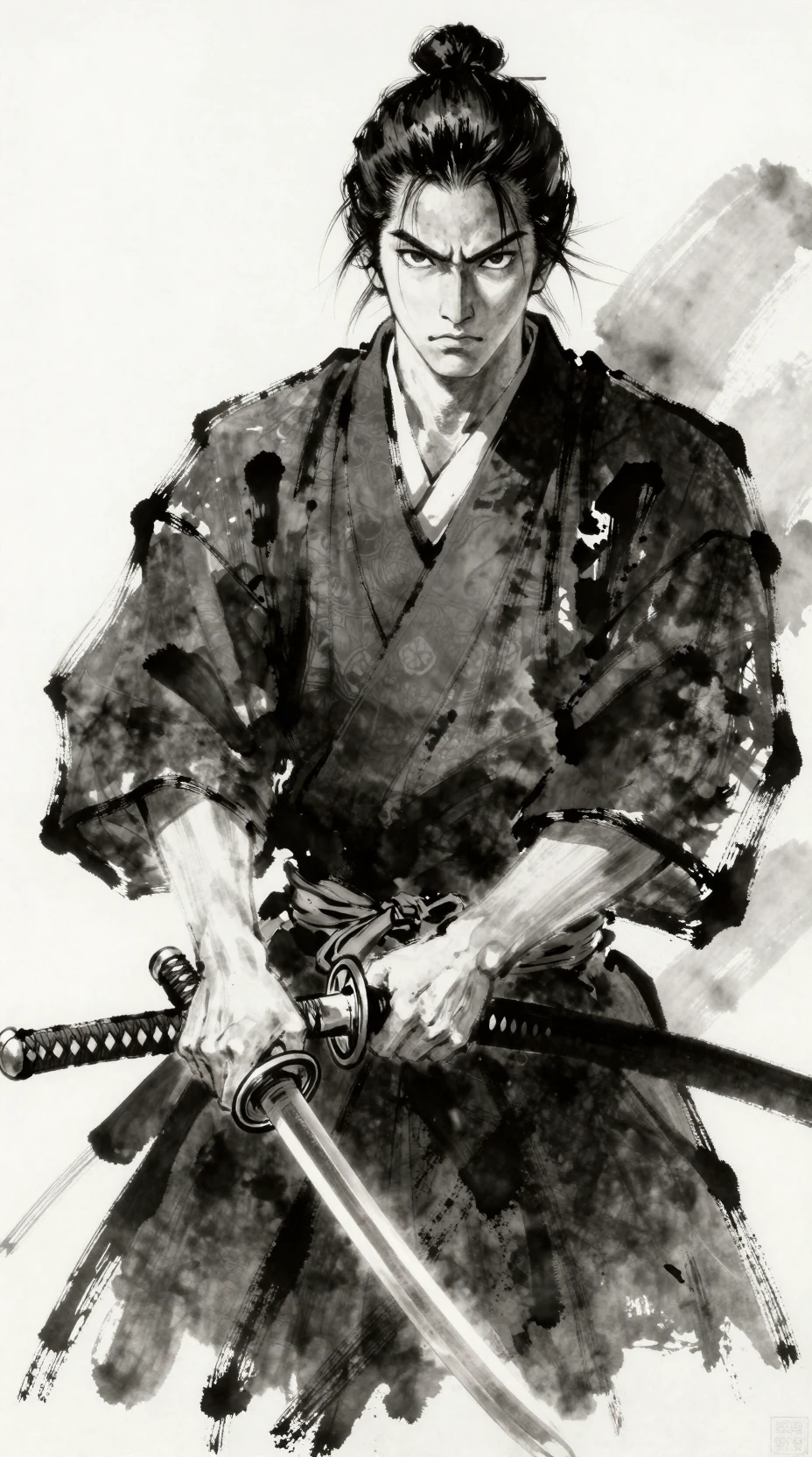 Guerriero samurai con due spade in audace stile a inchiostro