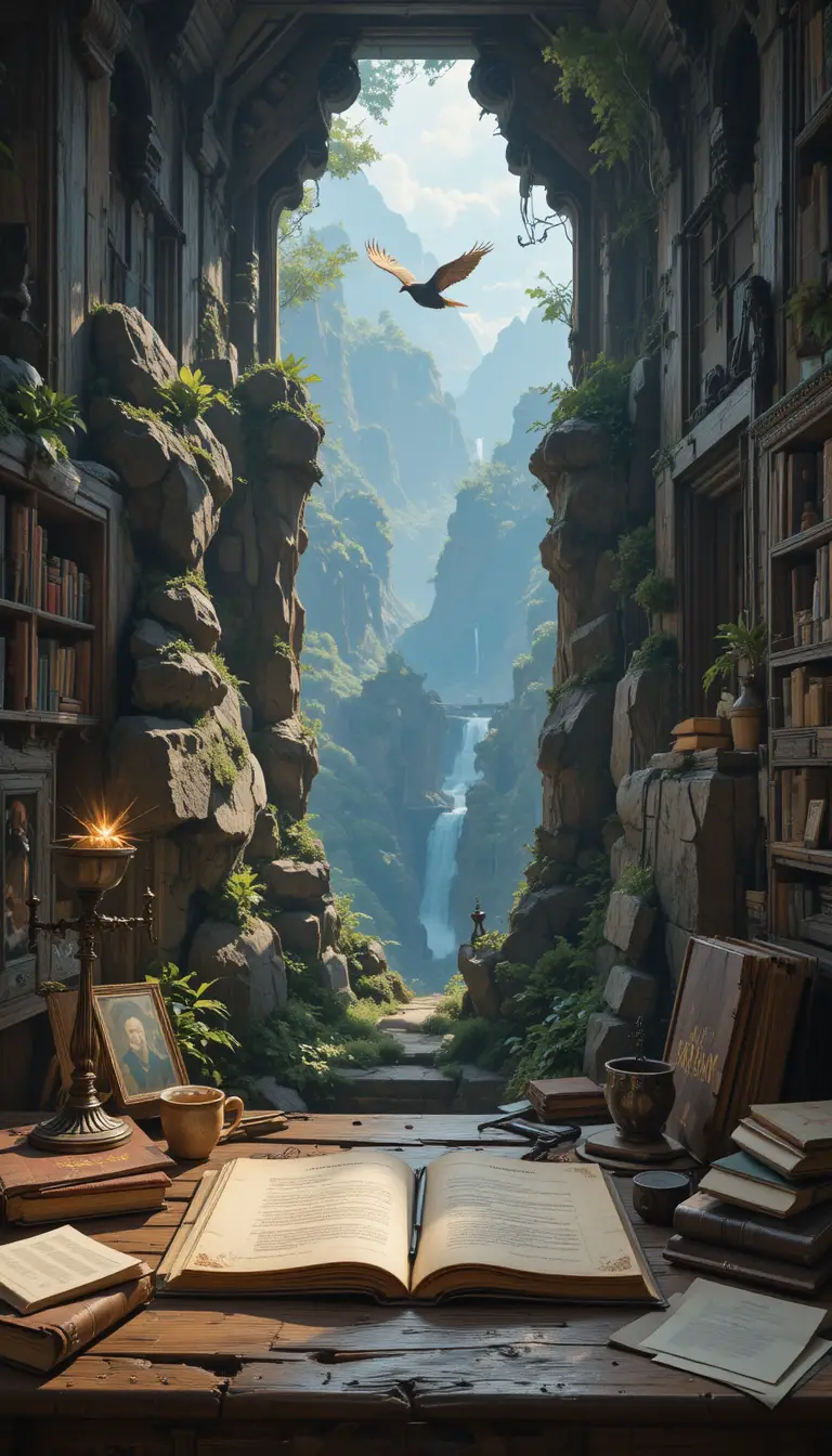 Ancient document opening into a mystical canyon landscape