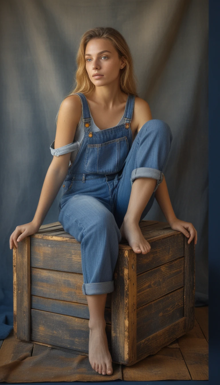 Woman in denim overalls sitting barefoot on wooden crate